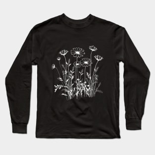 Wildflower Line Art White Floral T-Shirt Long Sleeve T-Shirt